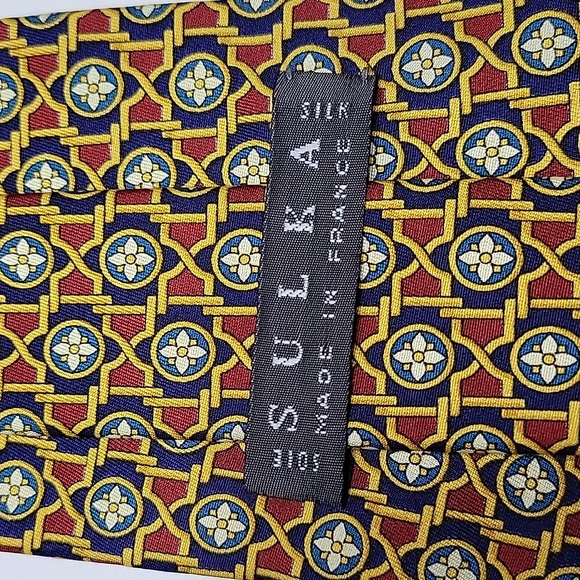 SULKA Dark Red Blue Yellow Print Silk Neck Tie - Picture 5 of 8
